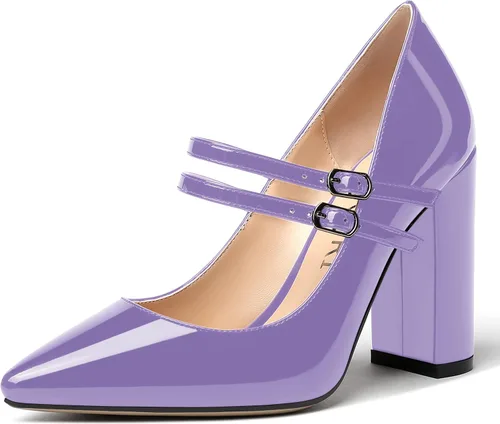 Vista 27 de MERRORI Vestido sólido con correa ajustable para mujer, con hebilla de patente, puntera puntiaguda, tacón alto, zapatos de 4 pulgadas Beige