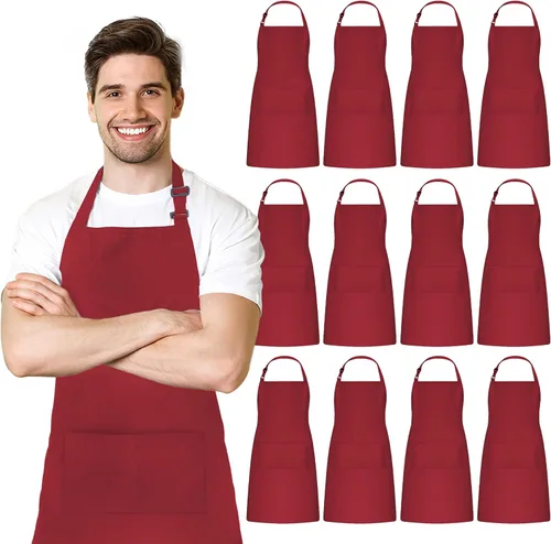 Vista 17 de Adjustable Bib Apron 100% Polyester Kitchen Aprons Waterdrop Resistant Aprons with Adjustable Strap, Pockets & Long Ties