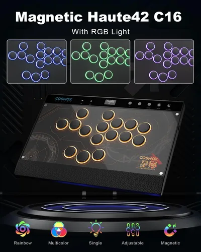 Vista 5 de Palo Arcade sin Palanca Haute42: Palo Arcade Magnético sin Palanca con Bordes RGB, Controlador Arcade Haute42 C16 Premium Negro para Juego