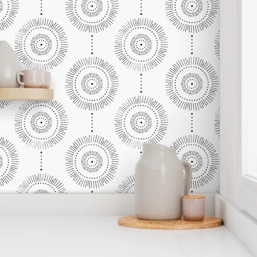 Vista 8 de Papel tapiz para despegar y pegar, diseño geométrico bohemio, círculos de piedra negra, abstracto, neutro, personalizado, extraíble, por Spoonflower