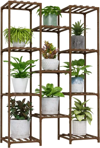 Vista 14 de Bamworld - Soporte para plantas con ruedas de madera para interior y exterior, estante para múltiples plantas con 11 macetas, soporte alto y grande