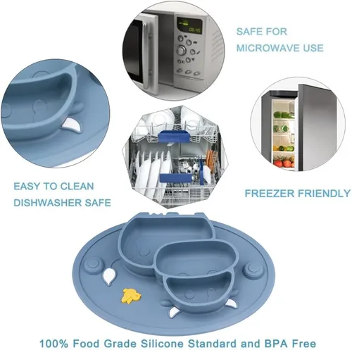 Vista 2 de Platos divididos de silicona para niños pequeños, platos portátiles antideslizantes con ventosa para niños, bebés y niños, sin BPA (azul oscuro)