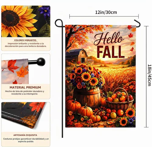 Vista 2 de Decoración de otoño – Bandera de jardín de «Hello Fall» Decoración de otoño de doble cara para exteriores, interiores, exteriores y exteriores