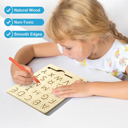 Vista 4 de Tabla de práctica de letras de madera, tabla de trazado reutilizable del alfabeto de escritura a mano de doble cara para niños pequeños y regalos