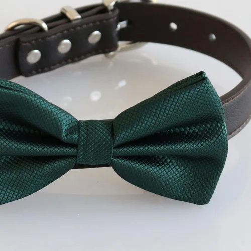Vista 2 de Collar de perro con pajarita verde esmeralda oscuro, propuesta de boda collar de perro hecho a mano, collar de perro ajustable de cuero, collar