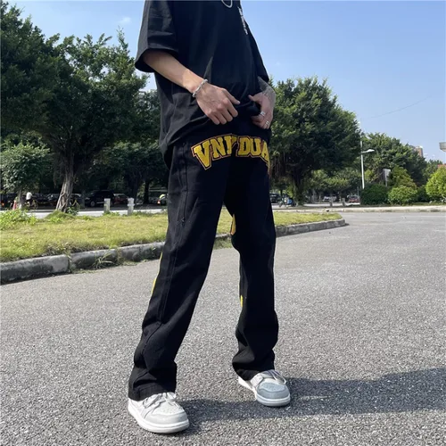 Vista 4 de Pantalones de mezclilla para hombre con estampado callejero, sueltos, estilo hip hop, rectos, vintage, holgados, pantalones largos, ropa de calle