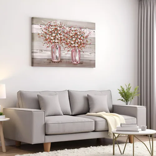 Vista 4 de RyounoArt Cuadros florales rosados para decoración de pared, flores rosas y grises en jarrón, pintura artística de granja, decoración de granja