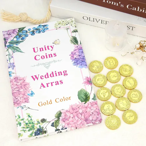 Vista 2 de TINGKU Juego de monedas de oro para boda Arras de Boda, accesorios para ceremonia de boda, moneda Arrhae con caja de colección de libros - Inglés