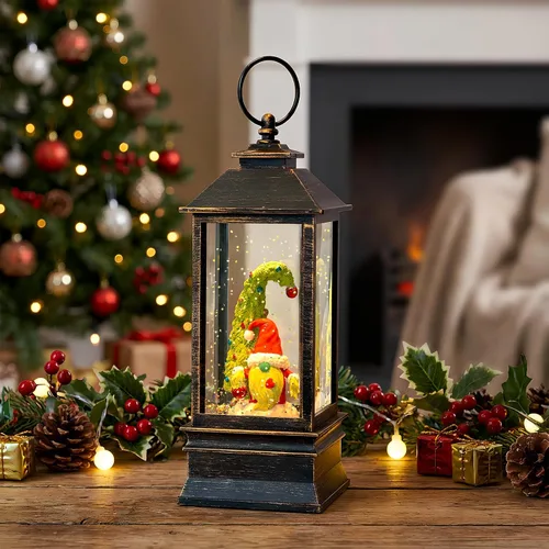 Vista 7 de Gnomos de Navidad de 10 pulgadas, linterna de globo de nieve iluminada, caprichoso árbol de Navidad y elfo escandinavo, linterna de agua musical