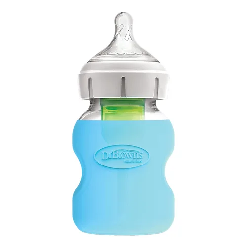 Vista 2 de Dr. Brown's Options+ Funda para botella de vidrio de cuello ancho, 100% silicona, azul, sin BPA, 5 onzas, paquete de 4
