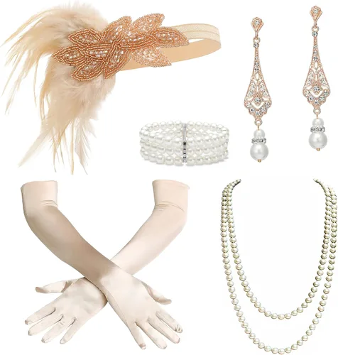 Vista 18 de BABEYOND - Accesorios estilo 1920s, Set de accesorios para disfraz Gatsby de los años 20s, diadema Flapper, collar de perlas, guantes, soporte