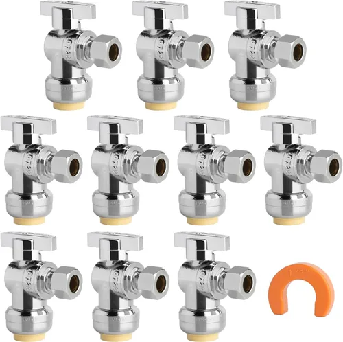 Vista 29 de Válvula de Parada Angular WiseWater 1/2" FNPT x 3/8" OD de Compresión, Válvula de Cierre de Inodoro de Cuarto de Vuelta de Latón Cromado para Baño