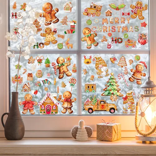 Vista 6 de Calcomanías de pared de pan de jengibre de Navidad, 12 hojas, calcomanías de pared de Navidad, decoración de pan de jengibre, calcomanías de vinilo