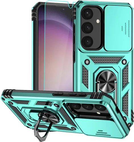 Vista 12 de Funda para Samsung Galaxy S24 Plus, funda de plástico duro de goma de silicona suave con cubierta de lente de cámara deslizante, anillo giratorio