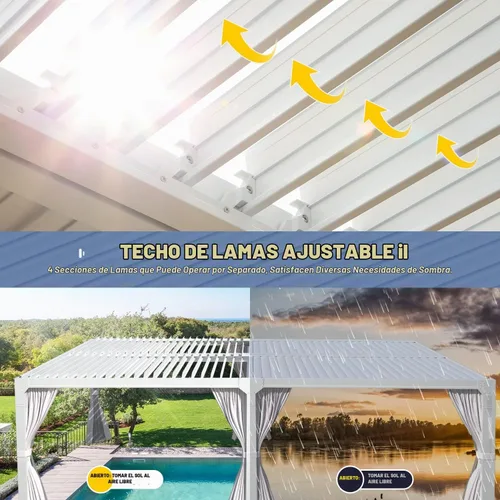 Vista 3 de MELLCOM Pérgola con listones de 10x20 con techo ajustable con cortinas y Blanco