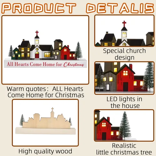 Vista 7 de GHOSTMAGIC Letrero de Decoraciones Navideñas, Decoración de Pueblo con Luz LED, Letrero de Madera Rústica de Feliz Navidad, Centro de Mesa