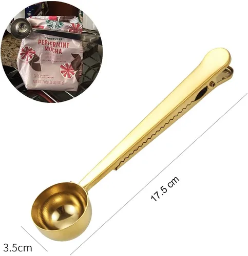 Vista 2 de Cuchara de café con clip de cucharada de acero inoxidable Cuchara de café con mango largo multifunción Bolsa de sellado Clip para té, café, proteína