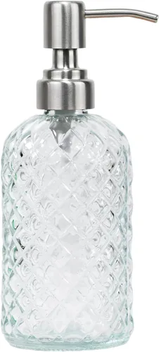 Vista 10 de Dispensador de jabón de vidrio con patrón de diamante de 16 onzas, dispensador de jabón recargable para cocina y baño, con bomba de acero inoxidable