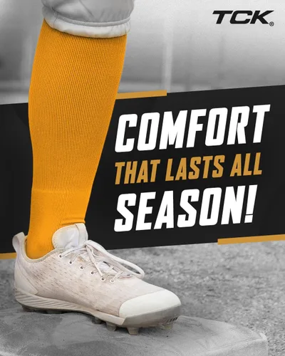 Vista 3 de TCK Prosport – Calcetines de tubo para béisbol, sóftbol, fútbol. Calcetines duraderos y con tecnología de absorción de humedad que cubren la Oro