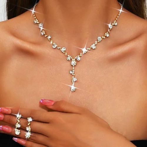 Vista 8 de Unicra Juego de joyas de boda con diamantes de imitación, collar de novia, pulsera, aretes, juego de bisutería para mujeres y novias