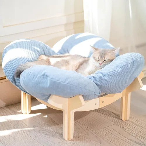 Vista 11 de Cama Elevada para Gatos de Madera con Cojín Sofá Mullido para Mascotas Sofá para Gatos de Interior Silla de Salón Elevada para Gatitos Adecuada