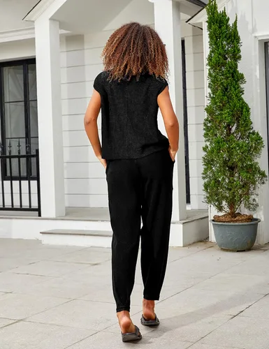 Vista 3 de Watashi Conjunto de 2 piezas de suéter de punto para mujer, pantalones de cintura alta, trajes de descanso con bolsillos