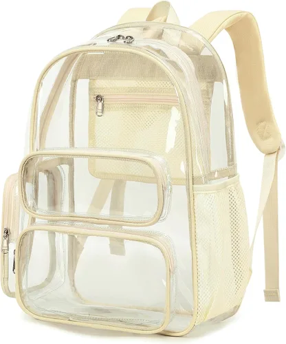 Vista 7 de CAMTOP Mochila transparente resistente y transparente para estudiantes, escuela, trabajo, festival, viajes, deportes, Beige, Mediana, Camtop Mochila