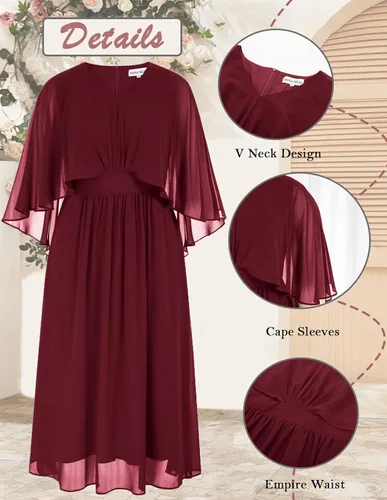 Vista 5 de Hanna Nikole Vestido de fiesta de noche de gasa con cuello en V para mujer, talla grande, manga capa, maxi vestidos para invitados de boda