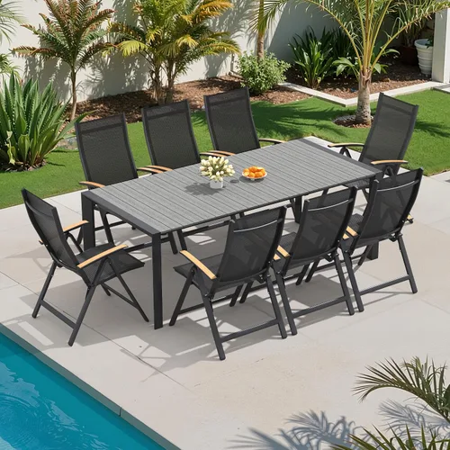 Vista 12 de Crestlive Products Juego de comedor de patio de 9 piezas, mesa de aluminio de 83 pulgadas para exteriores con 8 sillas reclinables, respaldo
