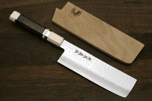 Vista 2 de Yoshihiro VG10 Cuchillo japonés para verduras Nakiri de 46 capas de Serie Damascus, mango de Ambrosia de 6.5' (165mm)