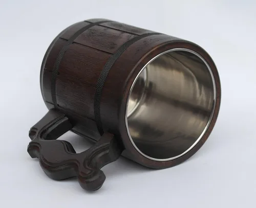 Vista 3 de Taza de madera hecha a mano de 20 onzas, taza de acero inoxidable tallada de cerveza natural, color marrón antiguo, taza de cerveza tallada