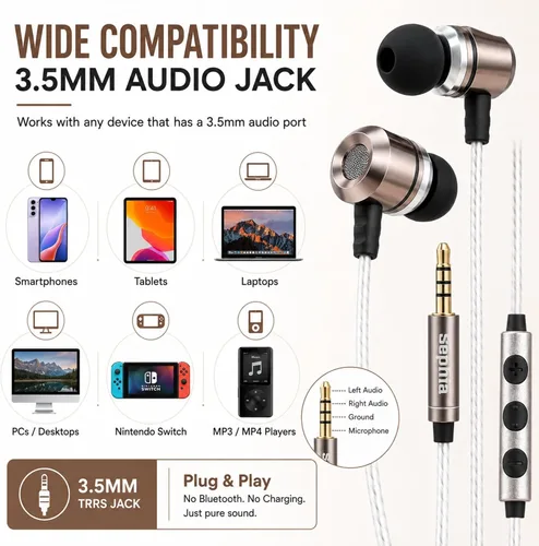 Vista 5 de Sephia SP3060VC - Auriculares con cable y micrófono, auriculares intrauditivos con graves profundos y aislamiento de ruido, controladores de 10mm