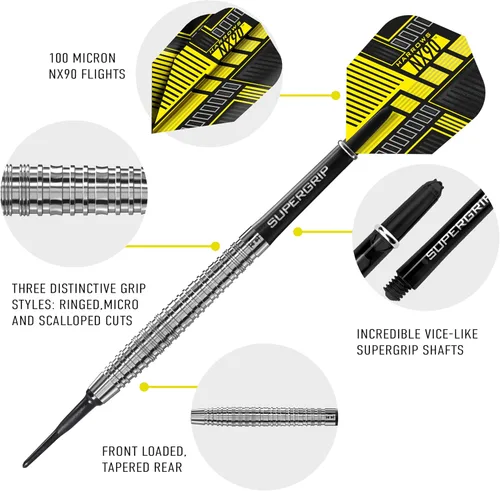 Vista 5 de Harrows NX90 - Juego de dardos de punta suave 90% tungsteno, 0.63 oz y 0.71 oz, incluye ejes negros Supergrip Midi y vuelos Micron NX90 - 0.63 oz