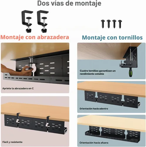 Vista 2 de Univivi Bandeja de organización de cables debajo del escritorio, organizador de cables de acero de 32 pulgadas, abrazadera en C sin taladrar