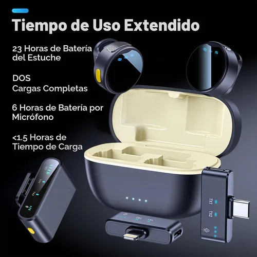 Vista 3 de Micrófono Lavalier inalámbrico para iPhone/Android, rango de 200 pies, mini micrófono con cancelación de ruido, 25 horas de duración de la batería