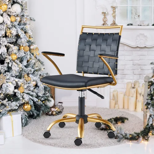 Vista 8 de Silla de oficina moderna de cuero, color dorado y negro, bonita silla de conferencias con respaldo medio con ruedas y brazos, cómoda silla giratoria
