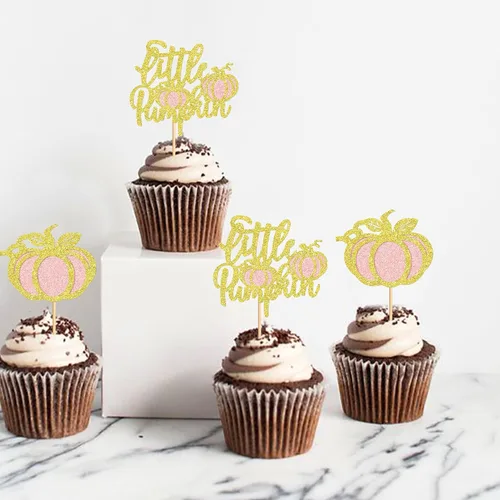 Vista 4 de 24 adornos para cupcakes de calabaza con purpurina, decoraciones de baby shower, tema de cosecha de otoño, suministros para fiestas de cumpleaños