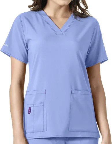 Vista 11 de Carhartt Scrubs C12110, camiseta de mujer Force® Cross-Flex de ajuste moderno con cuello en V Azul celeste