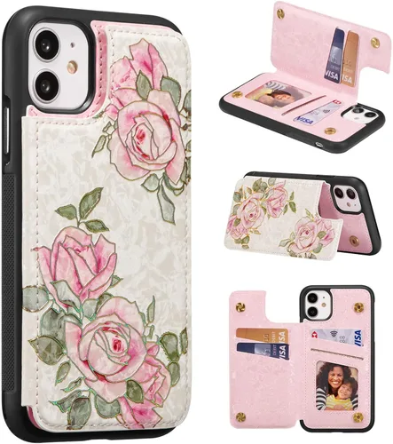 Vista 85 de UEEBAI Funda tipo cartera para iPhone 13 con tarjeteros, piel sintética, diseño floral, función atril, bloqueo RFID, doble cierre magnético, funda