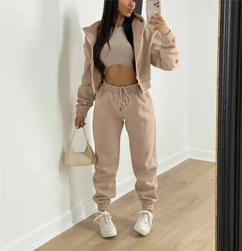 Vista 2 de Sudadera con capucha de forro polar para mujer Traje deportivo y de ocio (juego de 3 piezas)