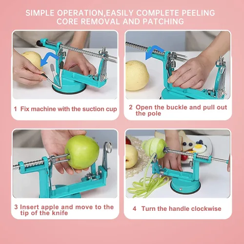 Vista 6 de Pelador de manzanas, cortador de patatas 3 en 1, acero inoxidable resistente con base de ventosa (azul)