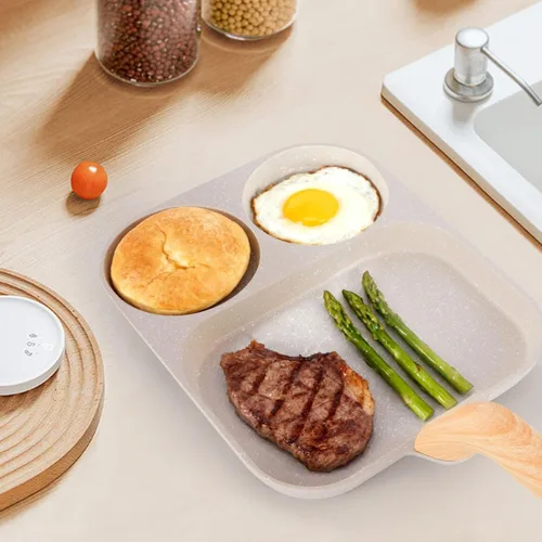 Vista 7 de CLANK - Sartén antiadherente para huevos 3 en 1 con plancha antiadherente dividida, sartén multifunción para desayuno/panqueques para cocinas de gas