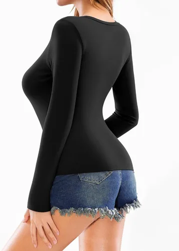 Vista 3 de MANGOPOP Camiseta de manga larga con cuello en V profundo para mujer, con forro polar