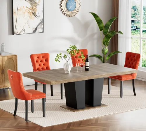 Vista 10 de Juego de mesa de comedor extensible de 5 piezas con 4 sillas de tela, mesa extensible marrón con base negra, juego moderno de comedor de madera
