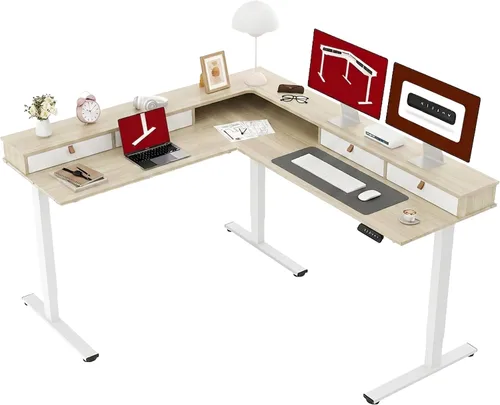 Vista 32 de SANODESK - Escritorio de pie en forma de L, altura ajustable, escritorio de esquina eléctrico, mesa de computadora ajustable de 63 x 48 pulgadas