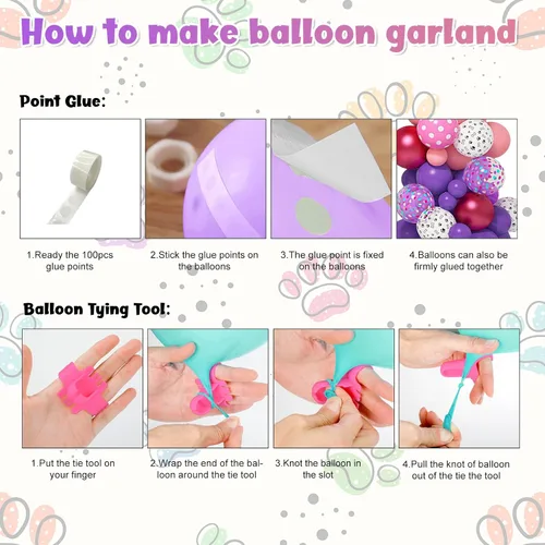 Vista 4 de Kit de arco de guirnalda de 147 piezas de globos con diseño de pata con globos con estampado de pata de perro rosa, morado, turquesa, globos