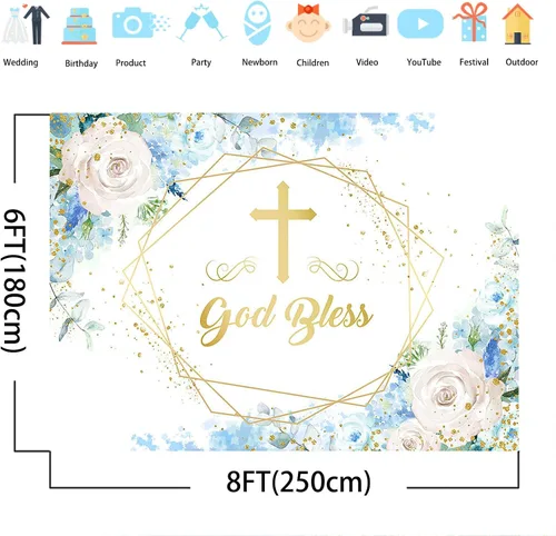 Vista 3 de Avezano Telón de fondo azul con texto en inglés "Boy God Bles", fondo floral azul para baby shower, para primera comunión, decoración de baby shower