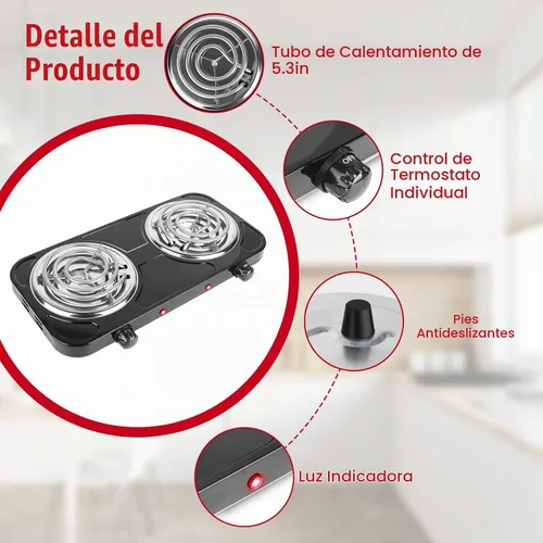 Vista 7 de Placa eléctrica de 2000 W, estufa eléctrica portátil para encimera, quemadores de bobina doble con control dual y control de temperatura de 5