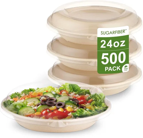 Vista 9 de 32oz Compostable Paper Bowls Disposable Round Soup Bowls with Lids, 500 SET
