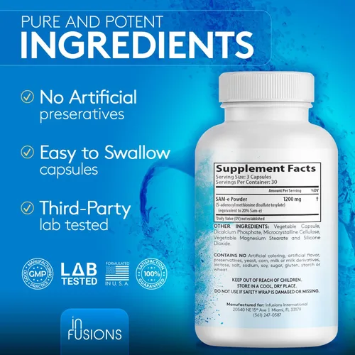 Vista 5 de Infusiones Máxima Fuerza Pure SAM-e 1200mg 90 Cápsulas Vegetales (S-adensoil-metionina)